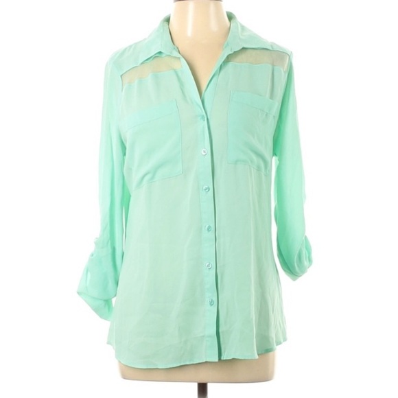 Attention Tab Sleeve Mint Green button down blouse - Picture 1 of 7